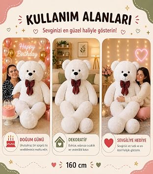 Özgüner Toy 160 cm Giant Plush Bear, Bow Tie and Hug, Soft and Cute Large Size, Gift for Lover (Cream)