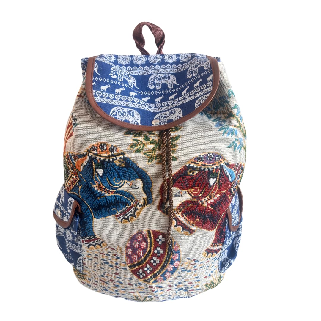 The House of RajPadmini Trekking Paradise Edition: Canvas Elephant Print Drawstring Backpack-picture-34