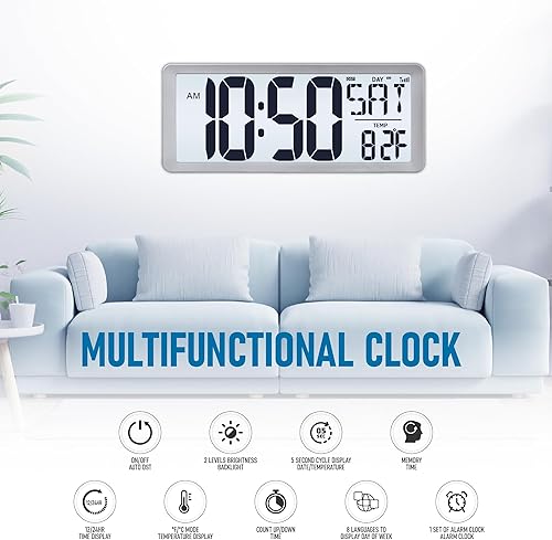 Miniatura 30 de TXL Reloj de pared digital grande de 14.2 pulgadas, funciona con pilas, reloj digital con pantalla grande con día, fecha y temperatura, reloj