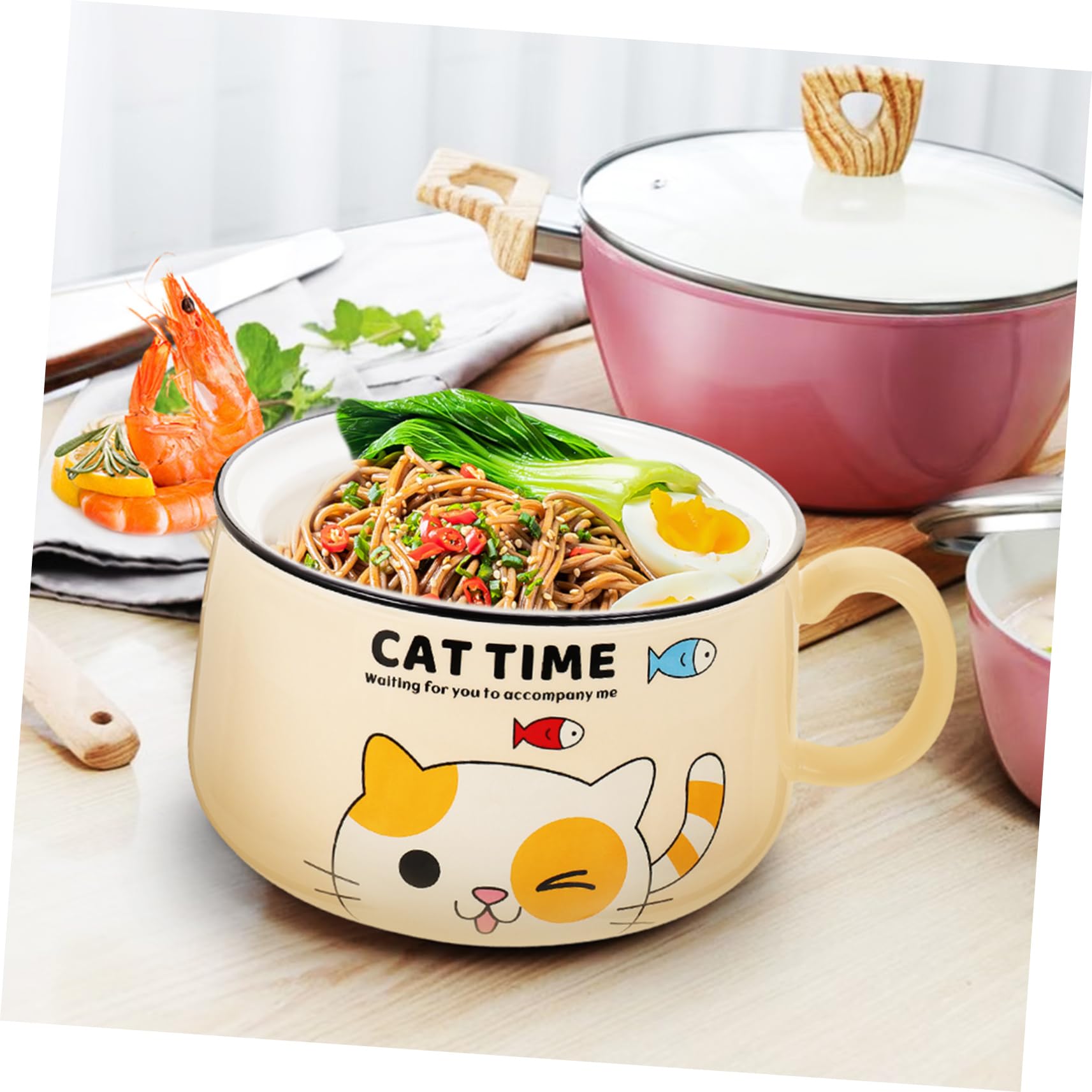 Amosfun Ciotola in Materiale Ceramico Gialla a Forma di Gatto Capacità 1020ml Multiuso senza Sbavature per Zuppa e Riso in Casa o Hotel