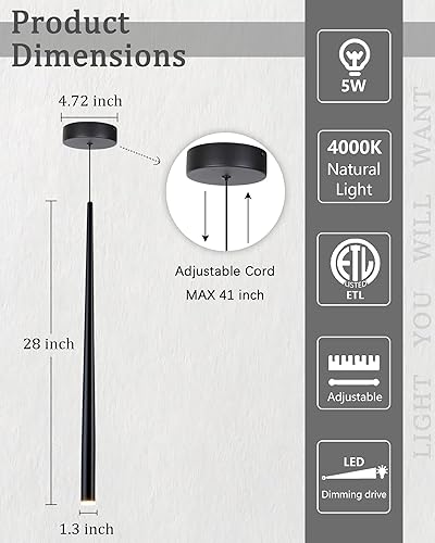 Miniatura 3 de Paquete de 3 luces colgantes negras modernas, lámpara colgante de tubo industrial de 27.5 pulgadas con LED regulable de 4000 K para isla de cocina,