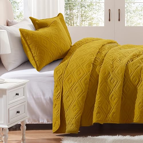 Miniatura 5 de COZYART Juego de edredón de tamaño individual, colcha ligera de color amarillo mostaza con fundas de almohada, juego de ropa de cama suave para