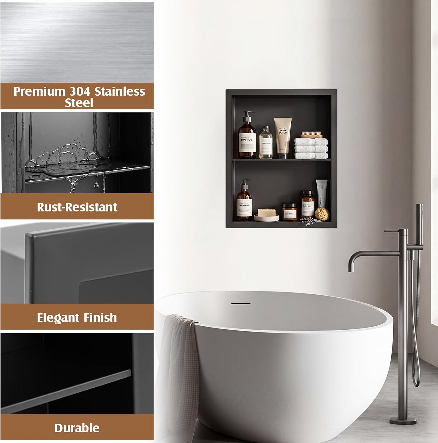 Sintuff 14" x 18" Recessed Medicine Cabinet Without Mirror 304 Stainless Steel Medicine Wall Niche with 2 Tier Shelf in Wall Shower Niche Insert Rustproof for Bathroom Storage Living Room, Matte Black