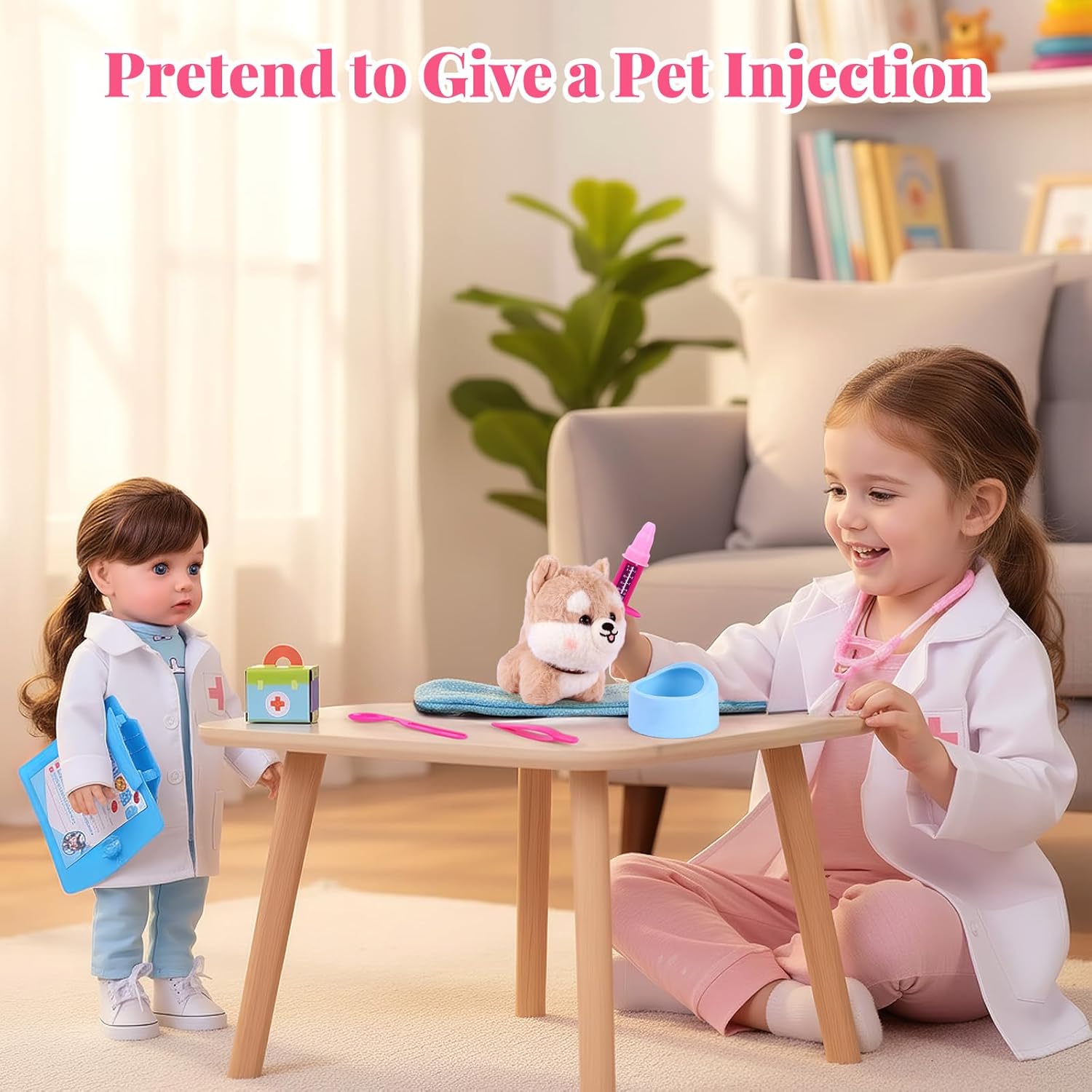 BABESIDE American Realistic Baby Doll Girl - 16-Inch Vet Play Set Dolls with Long Brown Ponytail Complete Toy Accessories for 5+ 6 7 8 9 10 11 12 Years Girl Birthday Gifts, Pretend Play, Christmas