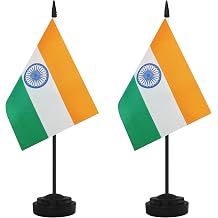 2 Pack India Desk Flag Set, Indian Desktop Small Miniature Table Office Flag with 12" Black Pole and Black Base, Offices, Classroom, Home, Festival Decoration India