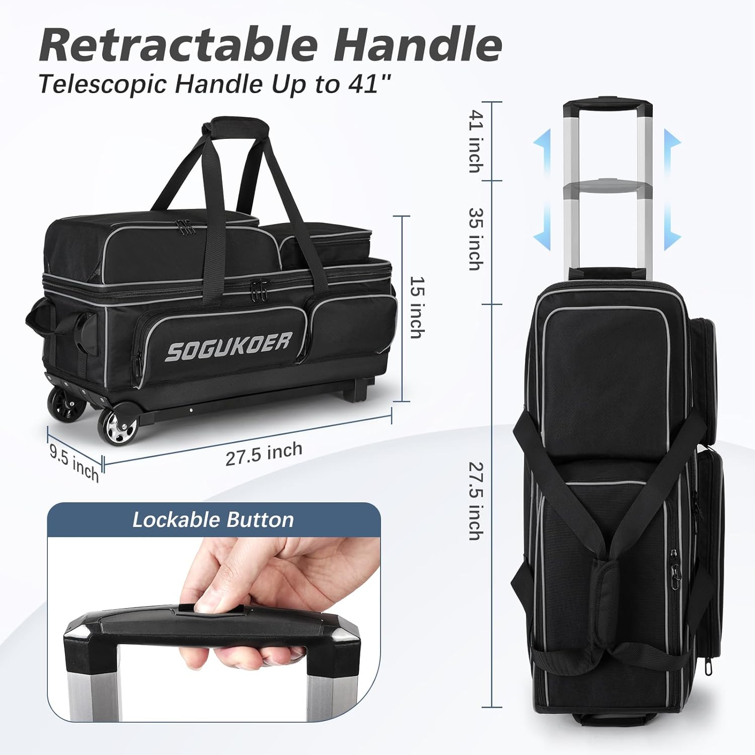 3 Ball Bowling Bags with Wheels, Premium Bowling Bags 3 Ball Roller - 900D Reinforced Oxford, Bowling Ball Bag with Large Separate Shoe Compartment & Accessory Pocket