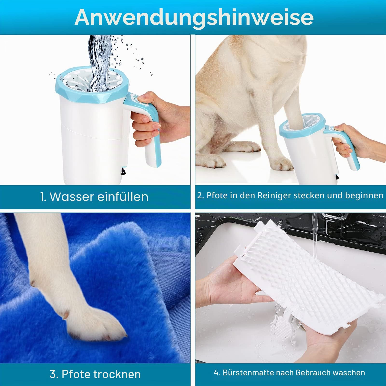 MYPIN Automatischer Hundepfotenreiniger, 7.4V Rechargeable Dog Paw Washer Cup, 2 in 1 Tragbarer Haustier Pfotenreiniger, Hundefußreiniger geeignet für große Hunde und Katzen (blau)