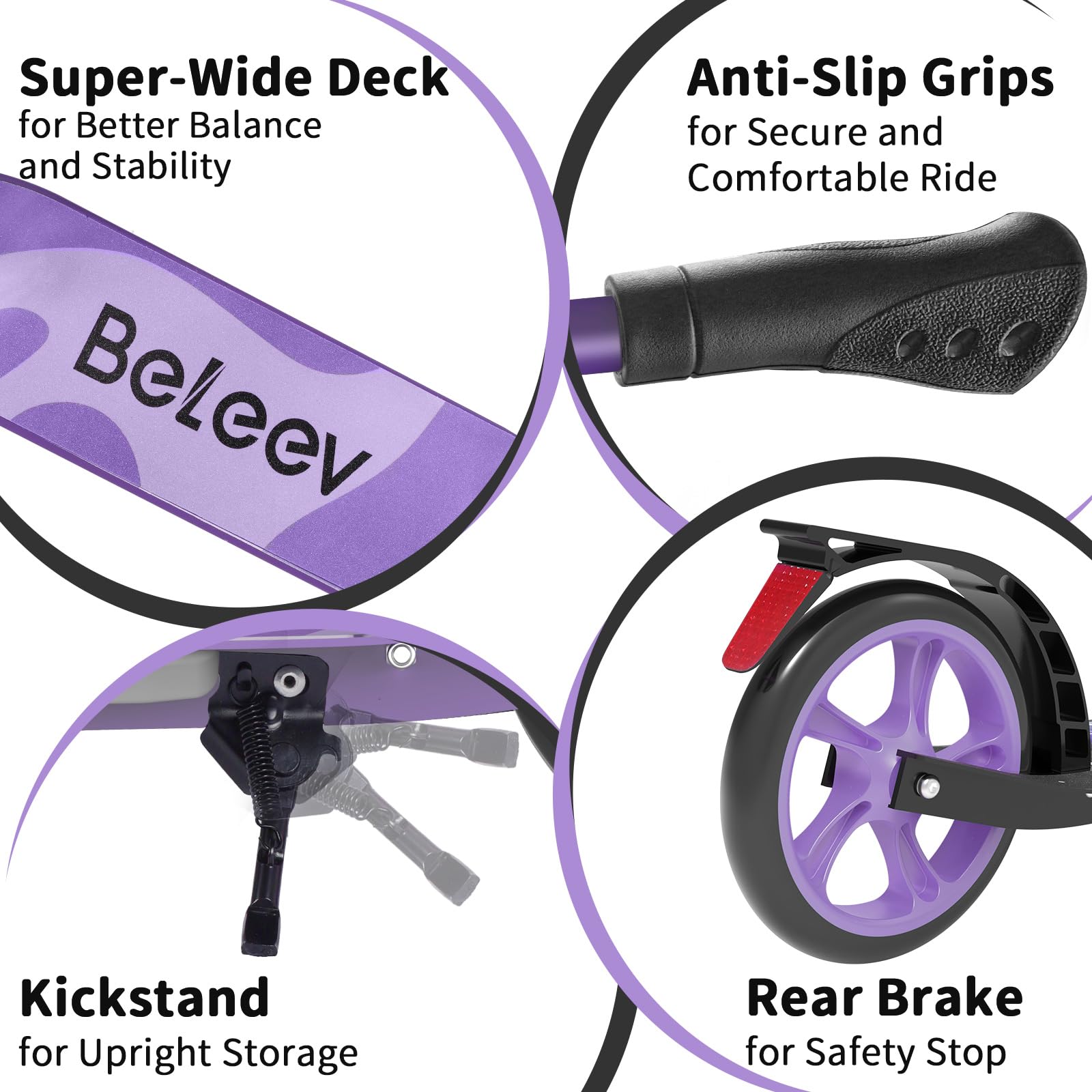 BELEEV Patinete Niño 2 Ruedas con LED Luces Deck,5 Altura Ajustable, Plegable Patinete Big Wheel 230mm Aluminio Scooter Adult con Correa de Transporte, Marco Resistente para 6+ Niño Niña y Adulto