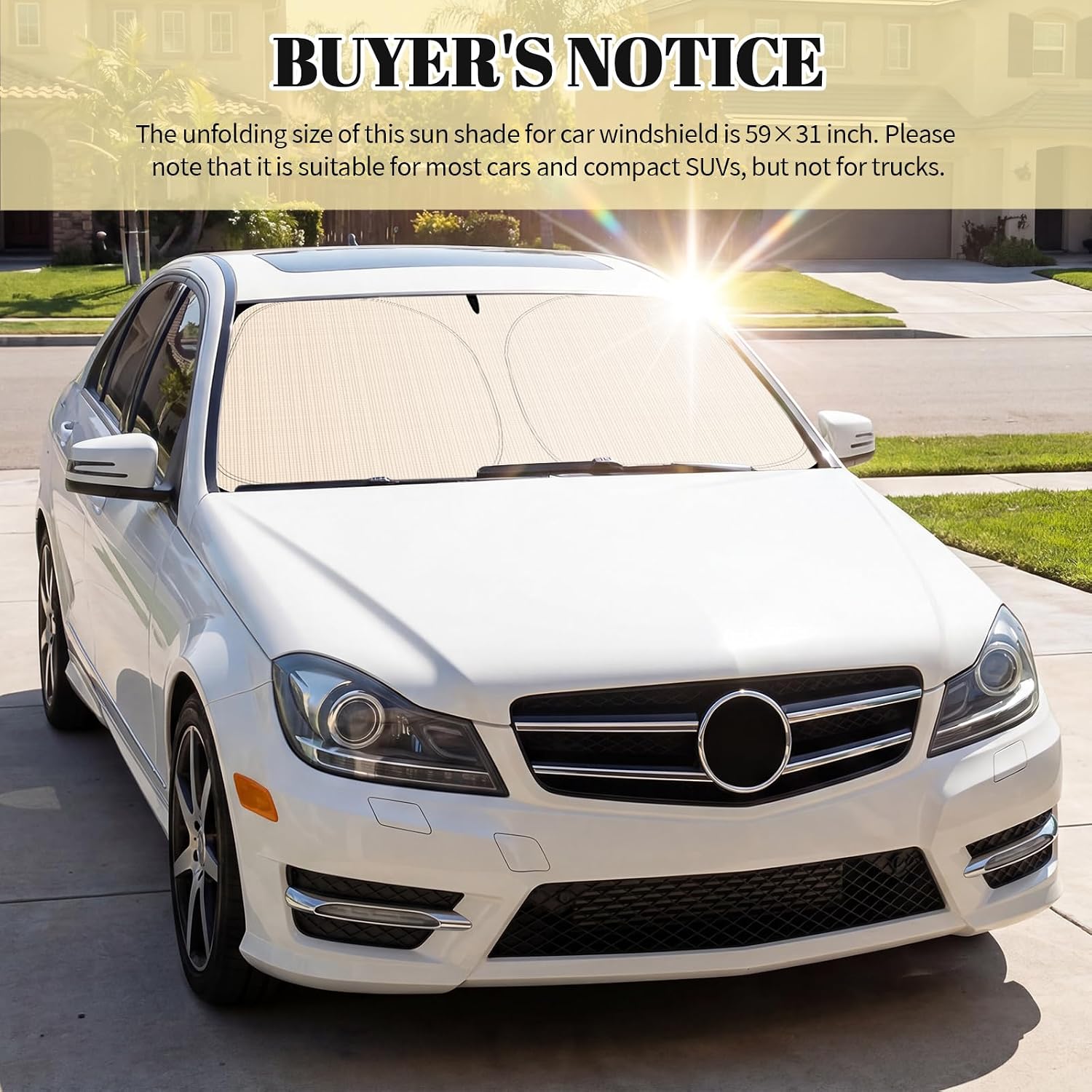 2026 New Thickened Car Windshield Sun Shade Foldable with Beige Checkered Design,Car Sun Shade Windshield with Storage Bag for Interior Cool,59"×31" Suns Shades for Cars Windshields