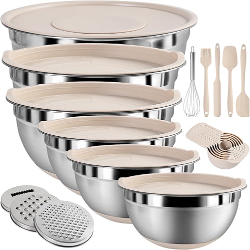 Juego de tazones para mezclar con tapas herméticas, juego de 20 utensilios de cocina, 6 cuencos de acero inoxidable, 3 accesorios para rallar, parte