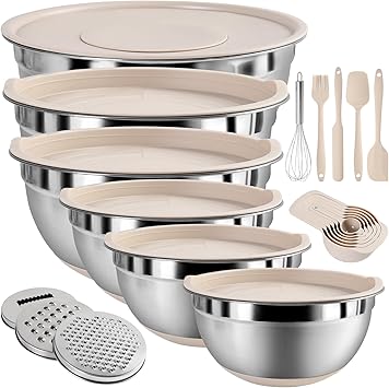 Mixing Bowls with Airtight Lids Set, 20 PCS Kitchen Gadgets Set, 6 Stainless Steel Bowls,3 Grater Attachments,Non-Slip Silico