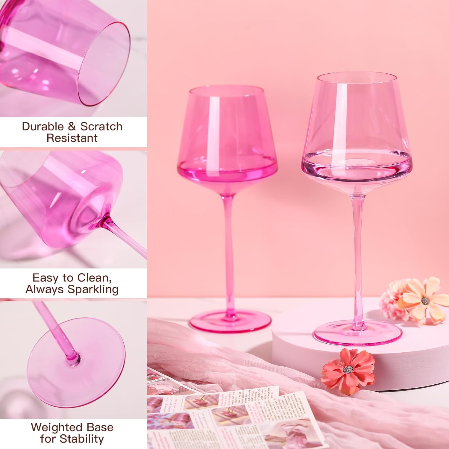 Hot Pink Wine Glasses Set of 6– Colorful Stemmed Glasses in Mixed Shades of Pink,Coloful Birthday Party Wine Glass,18OZ,Valentines Day Gifts For Her,Valentines Day Decorations