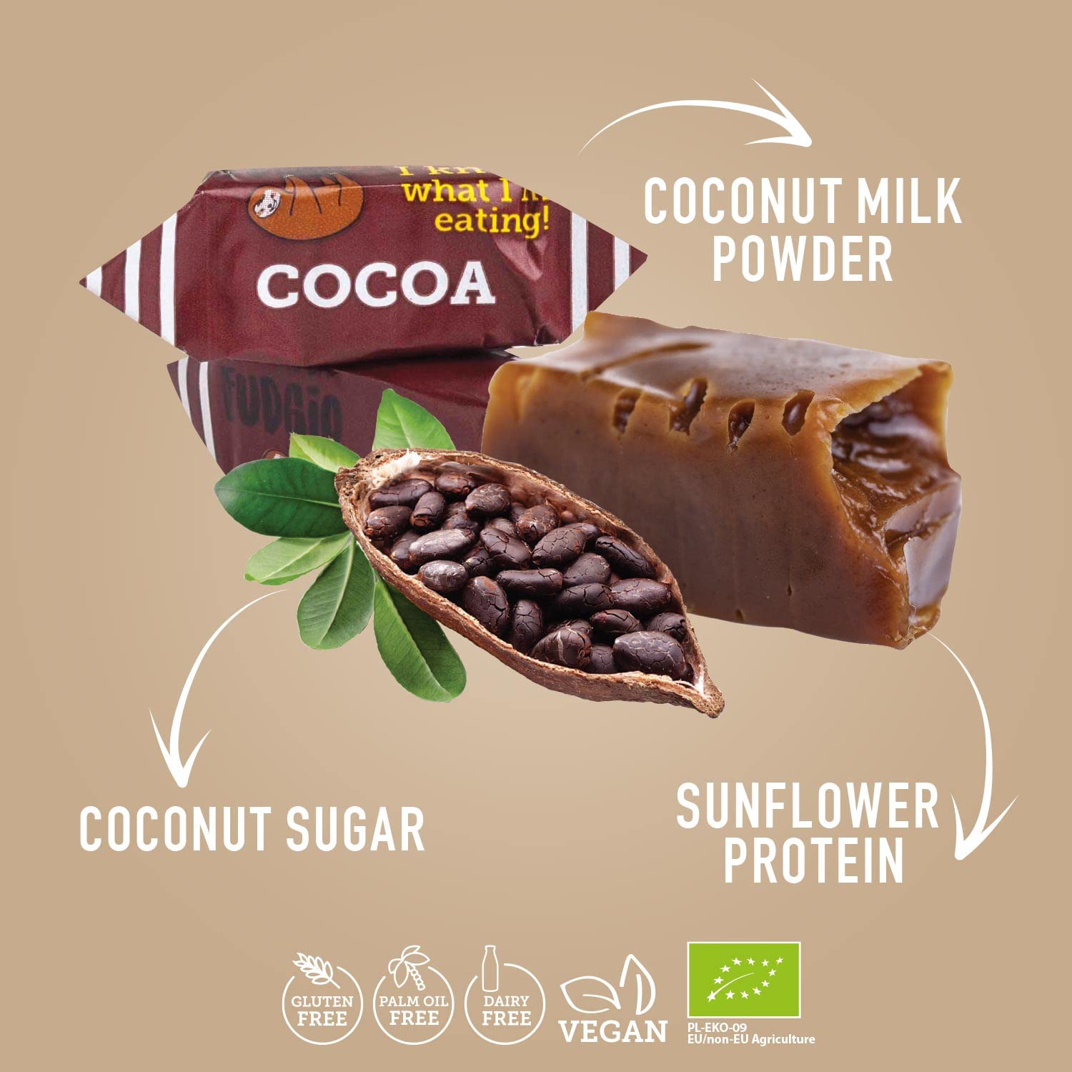 SUPER FUDGiO Bio Bonbons -Kakao – Vegan und Glutenfrei ohne Palmöl - mit 100% Bio Kokosmilch und Kokosnusszucker | 10 X 150g Multipack