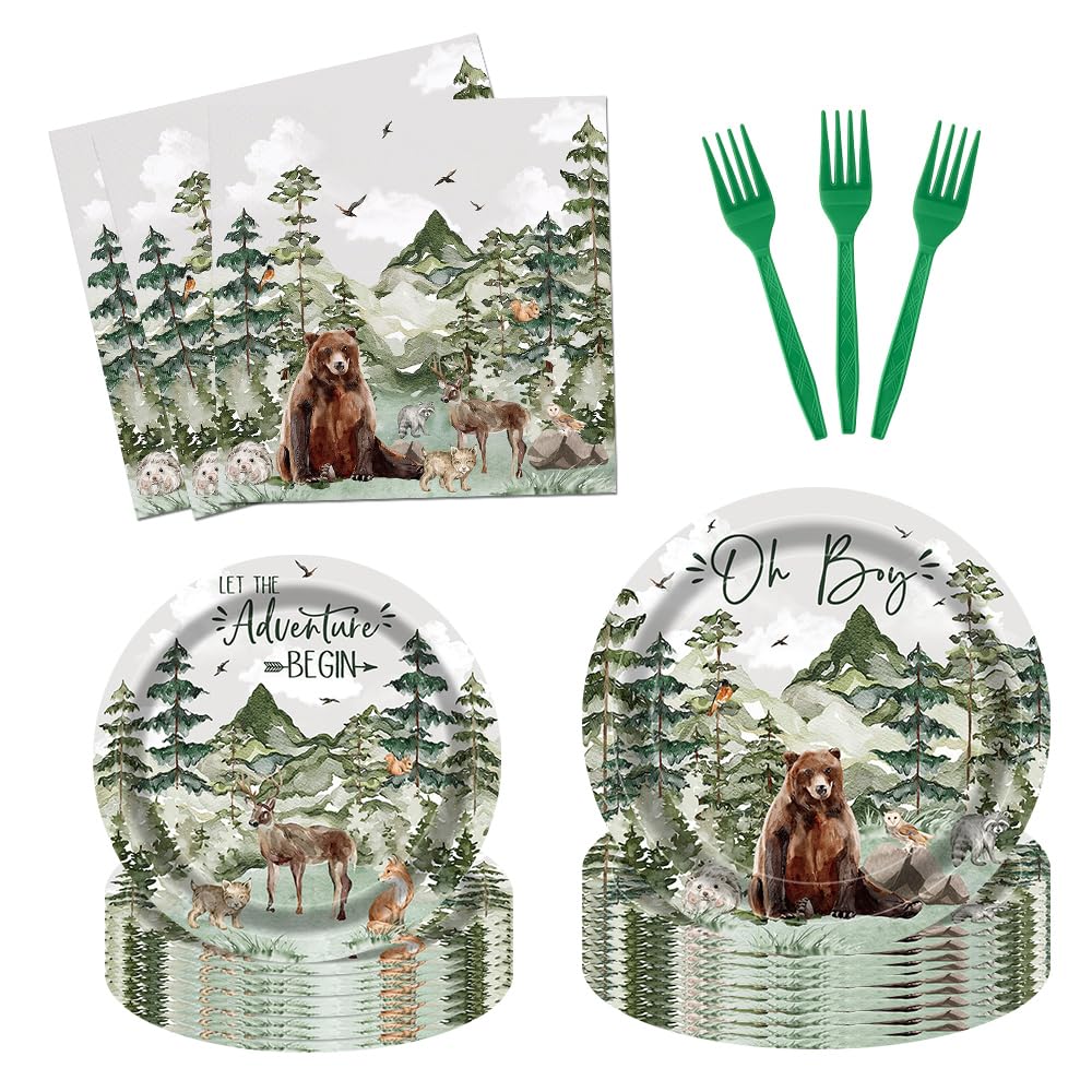 Fitumiw 96Pcs Boy Adventure Party Tableware Supplies Woodland Plates and Napkins Baby Shower Party Set Let The Adventure Begin Decorations Serve 24