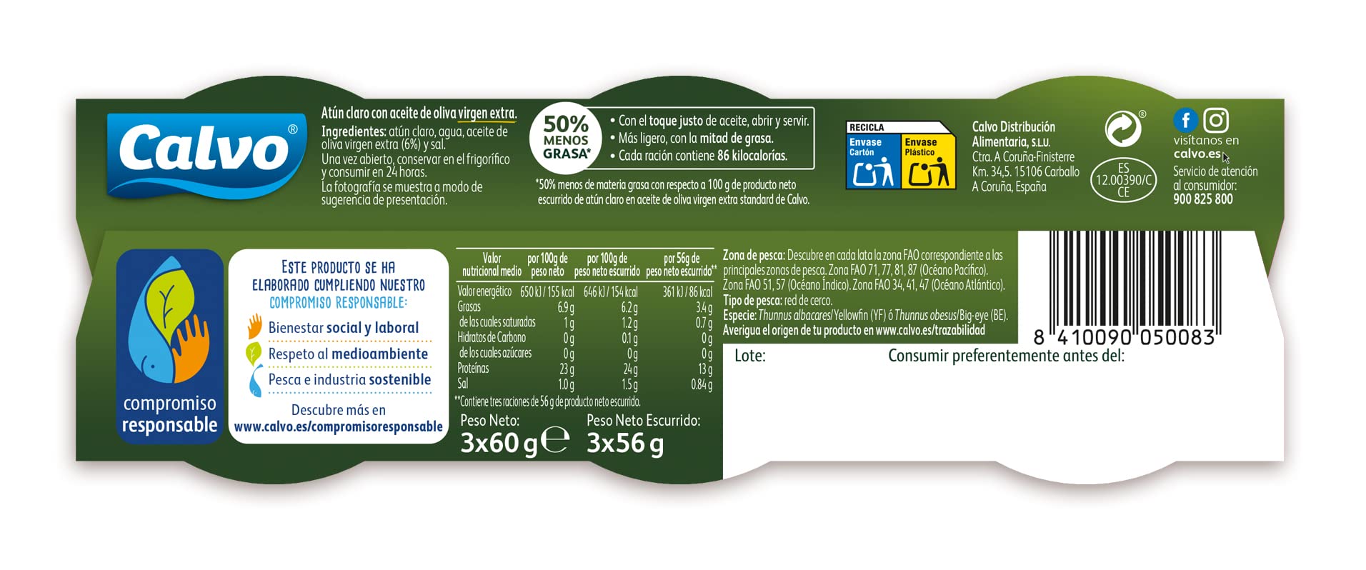 Calvo Atún Ligero en Aceite de Oliva Virgen Extra Pack 3 x 60g