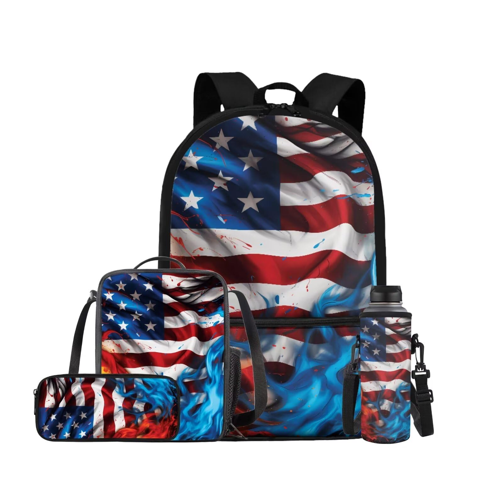 ELEDIZI American Flag Backpack for Boys Kids Backpack with Lunch Box Water Bottle Pouch and Soft Pencil Case 4PCS Set Bookbag with Front Pocket for