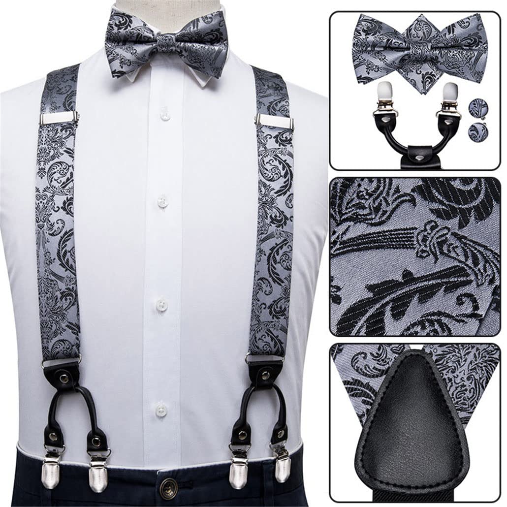 keusyoi Vintage Seide Herren Strapse Set Gold Floral Strapse und Fliege Set Leder Metall 6 Clips Strapse Hosenträger