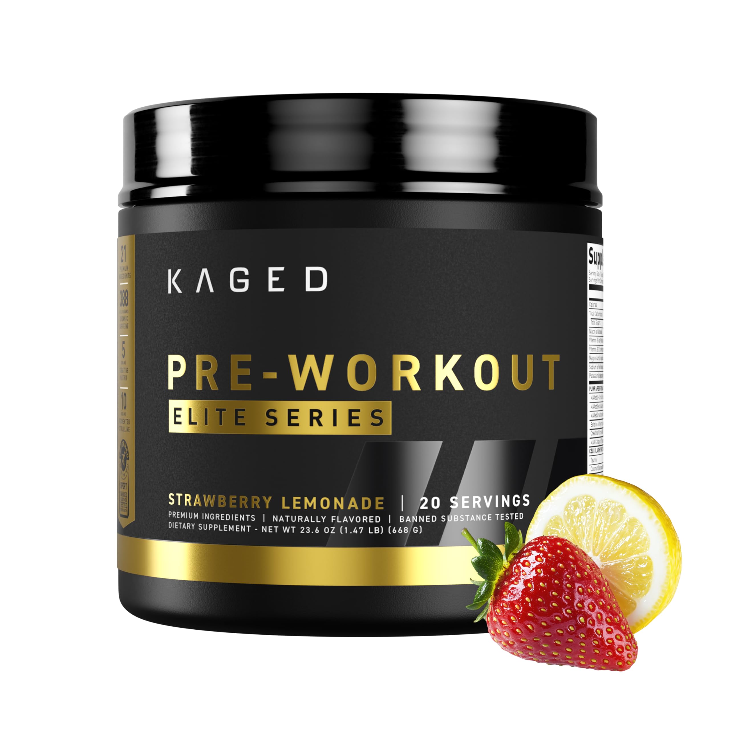 Pre Workout Elite Powder | Strawberry Lemonade | Pre-Workout with Creatine, Beta Alanine, L-Citrulline, BCAAs | 388 mg Organic Caffeine | Pre Supplements for Men & Women | 20 Servings
