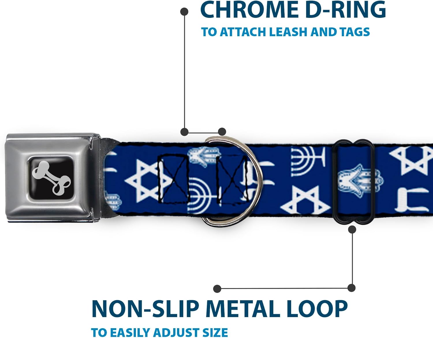 Dog Collar Seatbelt Buckle Jewish Symbols 4 Blue White 9 to 15 Inches 1.0 Inch Wide