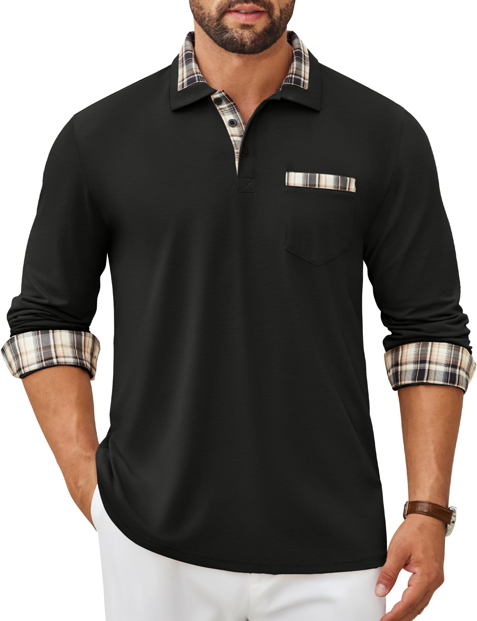 Men's Polo Shirt Long Sleeve Casual Button Polo Tee Plaid Collared Golg Shirt with Pocket
