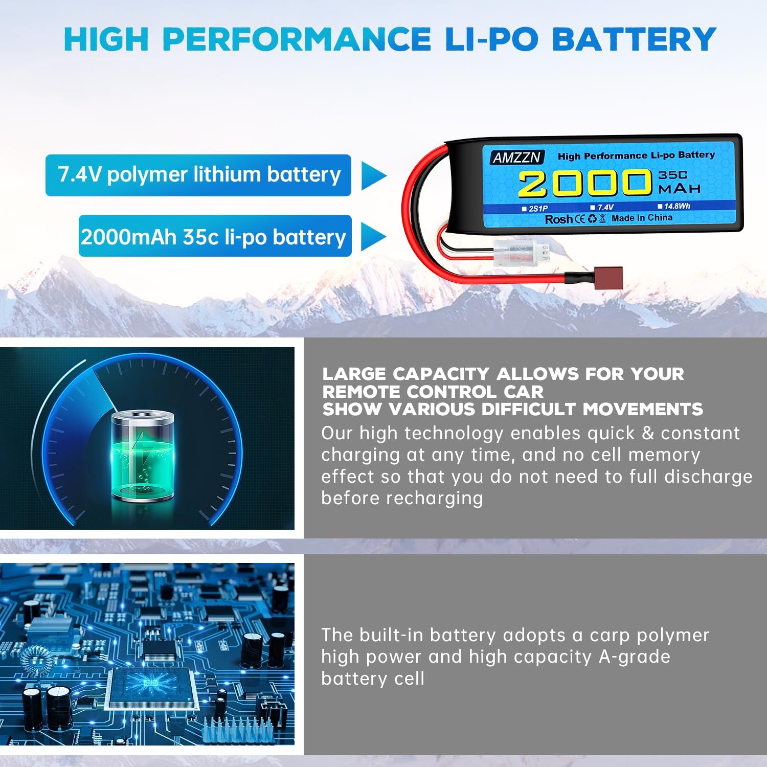 2S T Plug Lipo Battery 7.4V 2000mAh 35C with USB Charging Cable for RC Car,Truck Model Car,Remote Control Ship,RC Quadcopter Qircraft,FPV Drone Battery