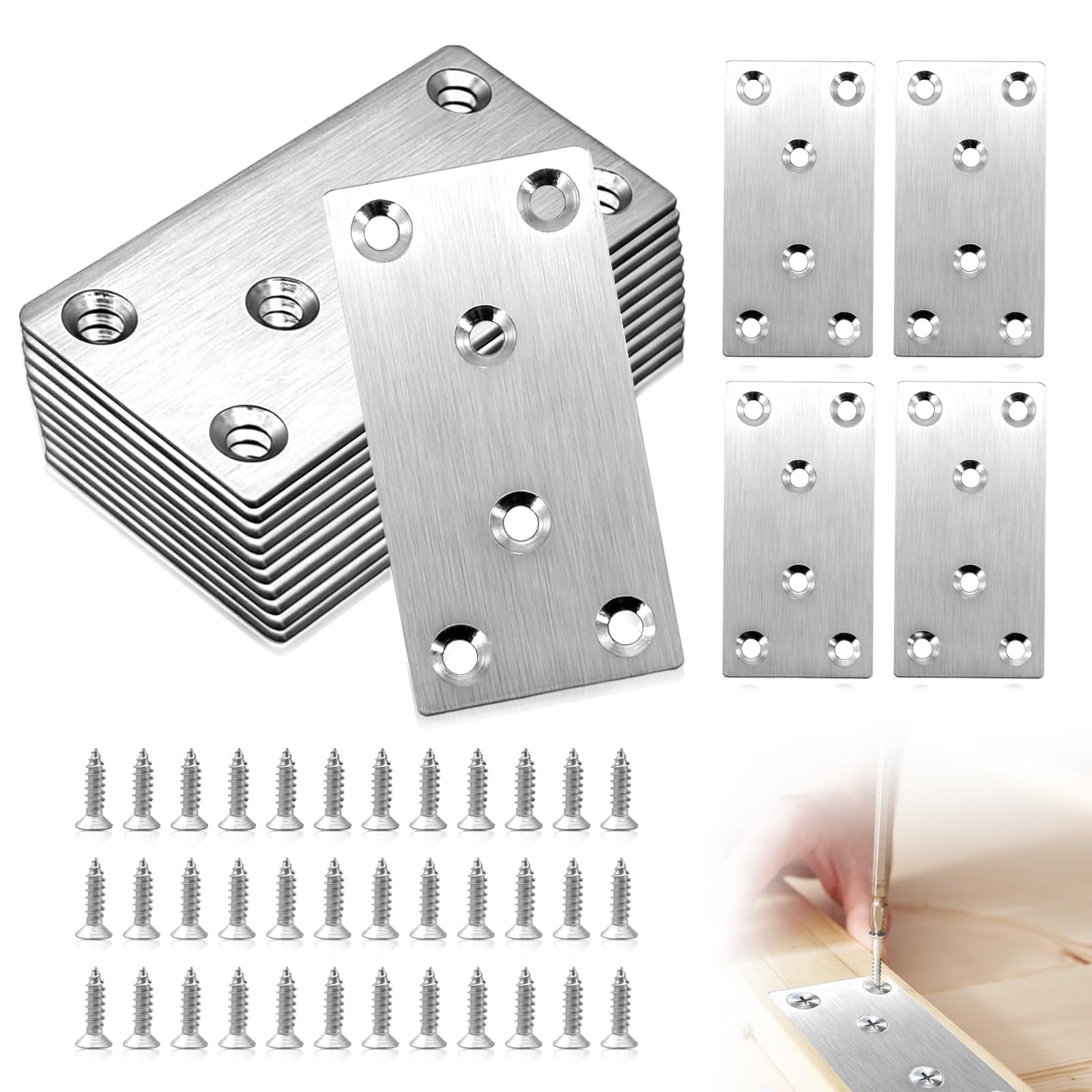 15PCS Flat Brackets for Wood, 80 x 40 x 2mm Mending Plates Heavy Duty Flat Joining Plates with Screws Stainless Steel Sleeper Bracket for Timber Fixing Repair Connector (Silver)