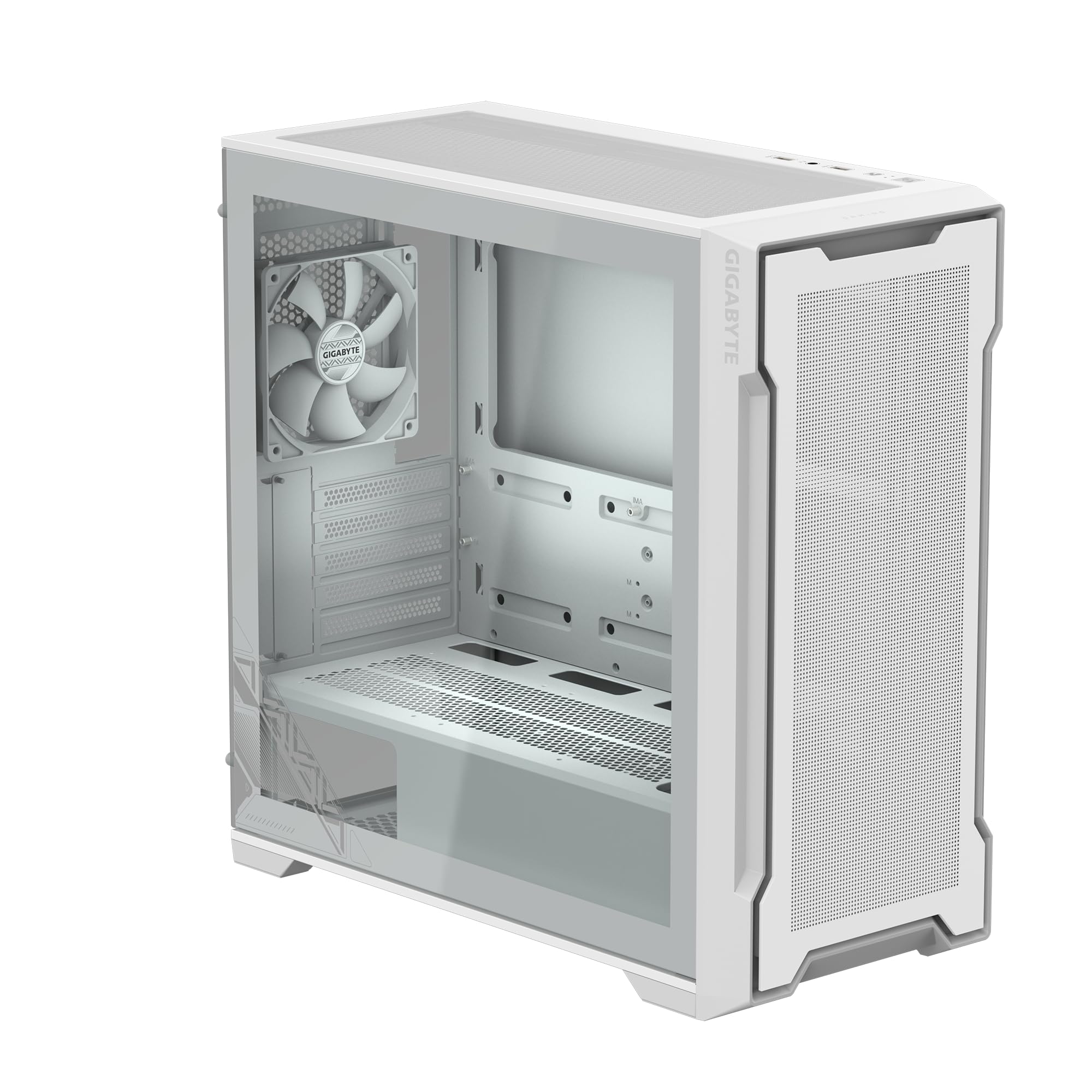 GIGABYTE C102 Glass Ice - Carcasa Blanca para Juegos de PC de Torre Media, Vidrio Templado, Cubierta de Fuente de alimentación, 2 Ventiladores de 120 mm (GB-C102GI)