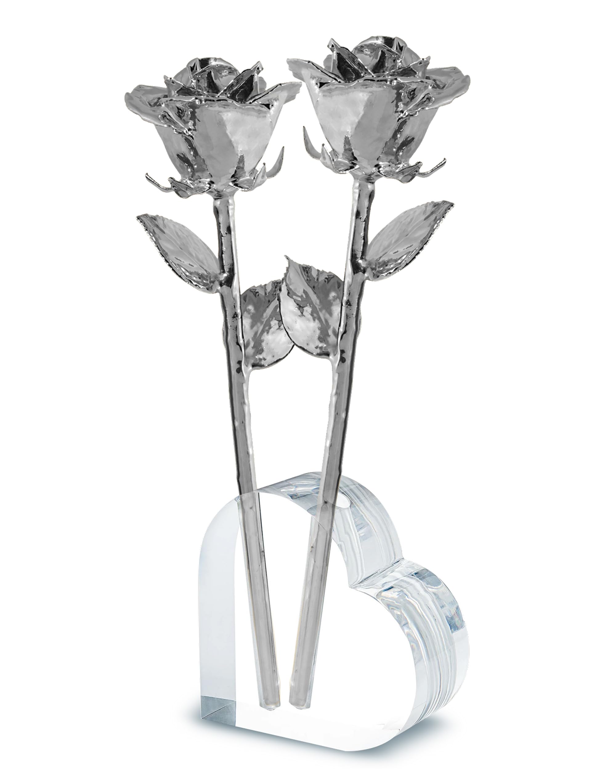 Forever Rose Two Real Roses Dipped in Platinum Acrylic Heart Vase
