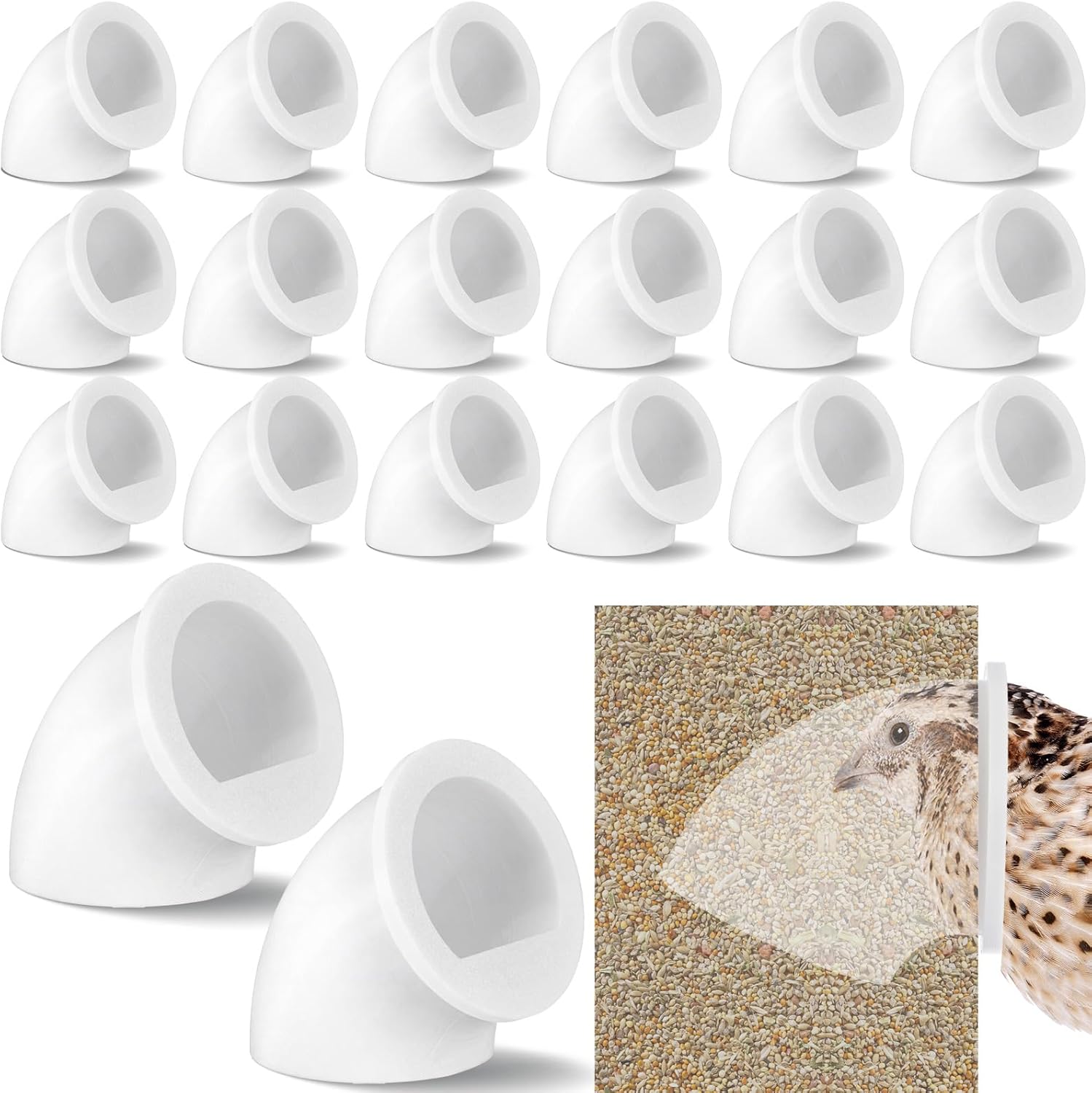 Teenyyou 20 Pack Quail Feeders No Waste Chicken Feeder Port DIY Chick Feed Saver Quail Supplies for Coturnix Small Poultry Farm Bucket Bin Container (1 Inch,White)