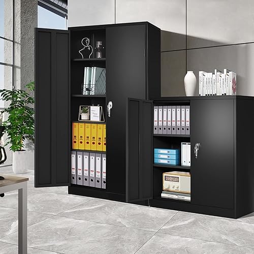 Miniatura 6 de Greenvelly Armario de almacenamiento de metal para garaje, gabinete de bloqueo negro de 36 pulgadas con 2 puertas y 4 estantes ajustables, gabinete