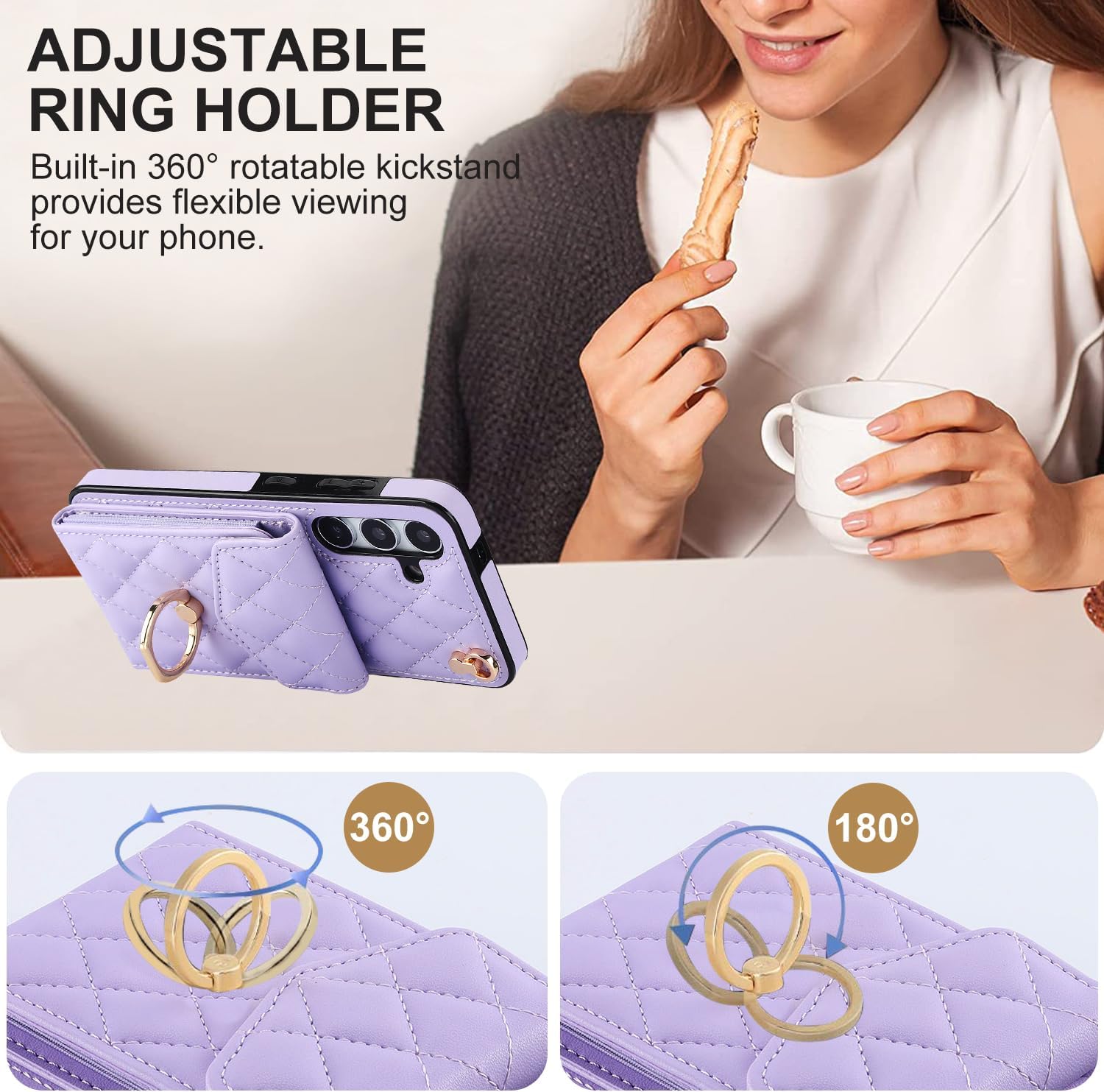 Asuwish Phone Case for Samsung Galaxy S24 Plus S24+ 5G Wallet Cover with Tempered Glass Screen Protector and Wrist Strap Ring RFID Blocking Card Holder Cell S24plus 24S + S 24 24+ Women Girls Purple