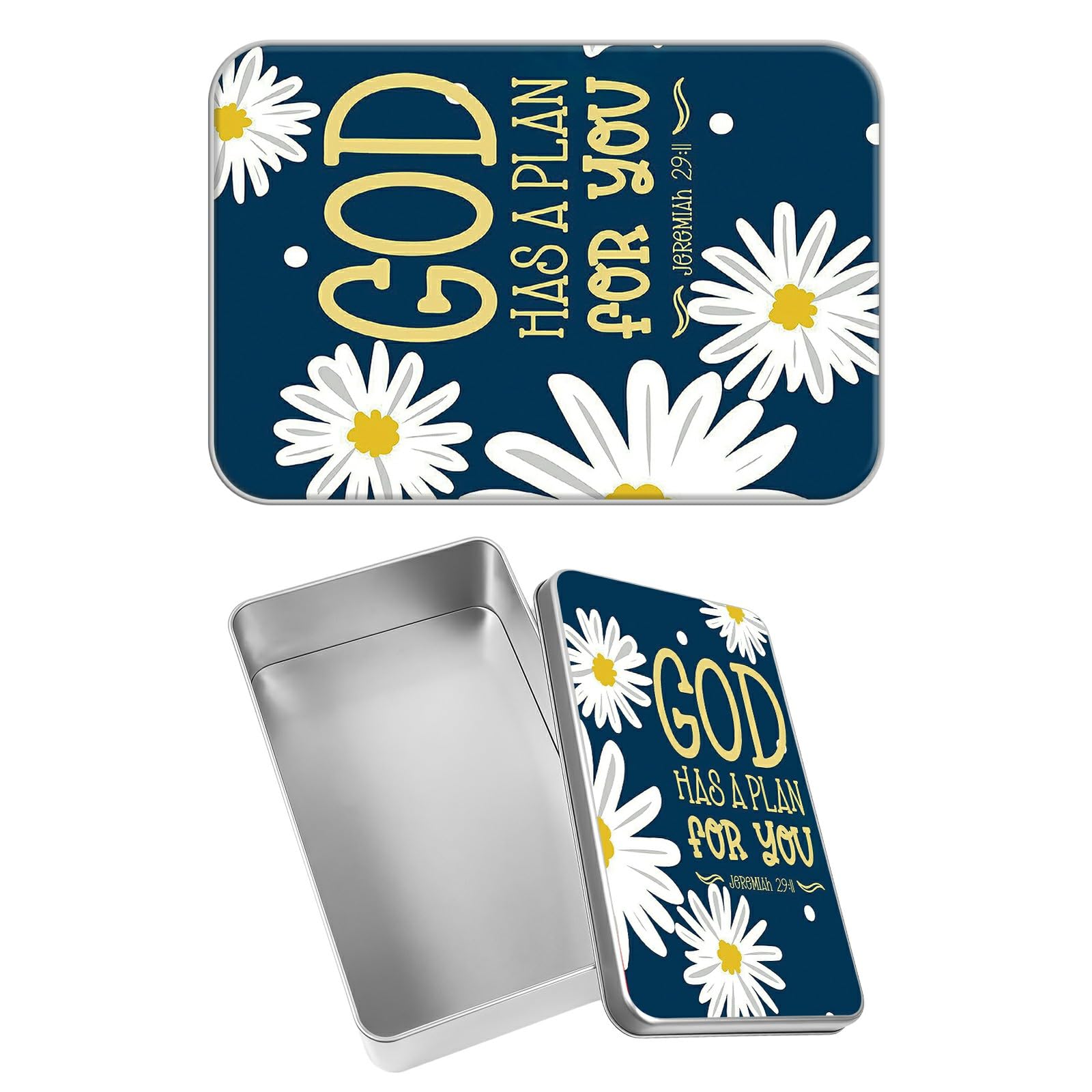 Rectangular Metal Tin Box with Removable Lid, Bible Jeremiah 29:11 Daisy Decorative Printed Metal Storage Container for Sweets Jewelry Tea Candies Cakes 7 x 4.33 x 2.17 inch– Single Pack