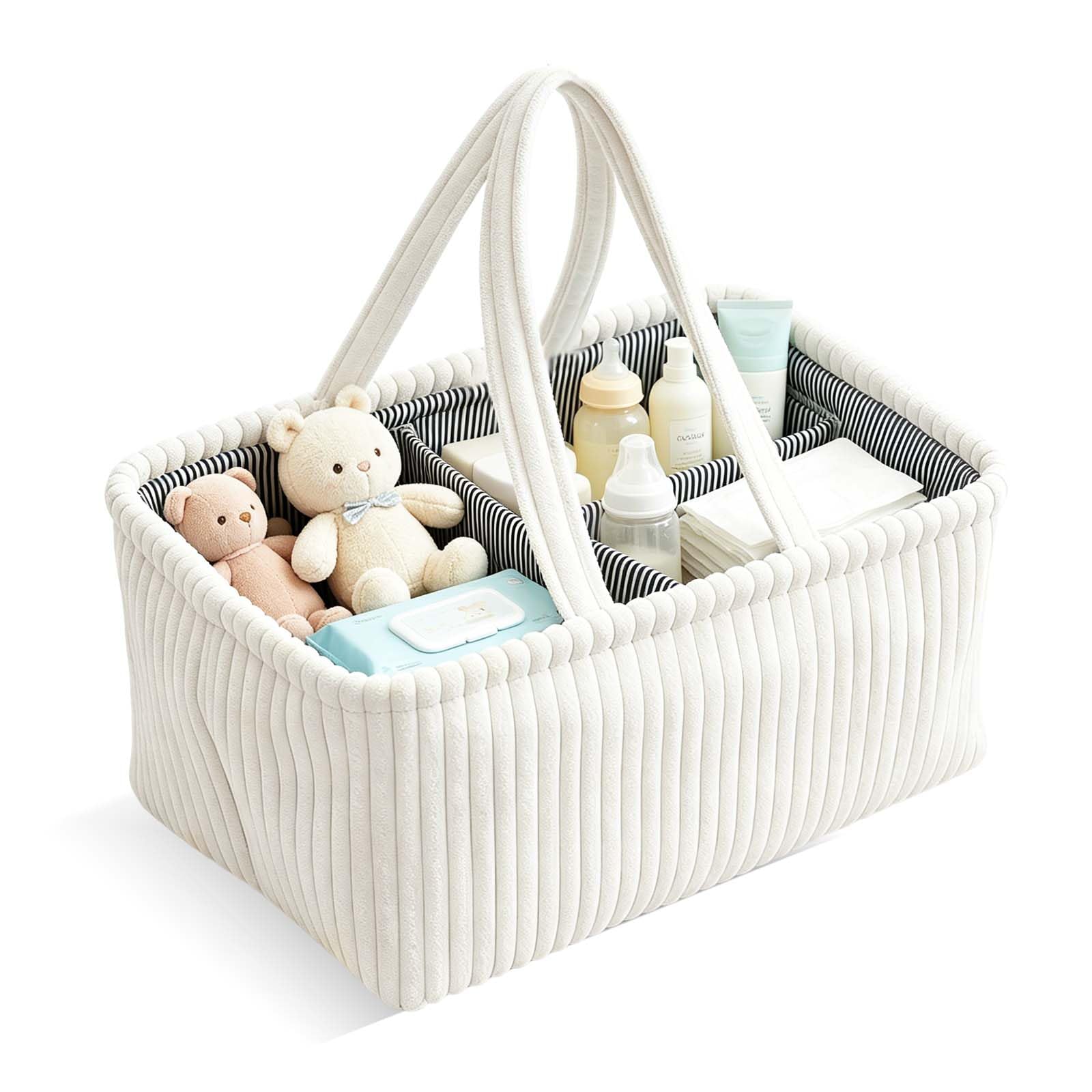 Panier Rangement Bébé, Compartiment Amovible, Panier de Rangement Bébé Portable en Peluche pour Essentiels du Nouveau-Né les Couches, Lingettes et Inserts, Cadeau Naissance, Blanc cassé