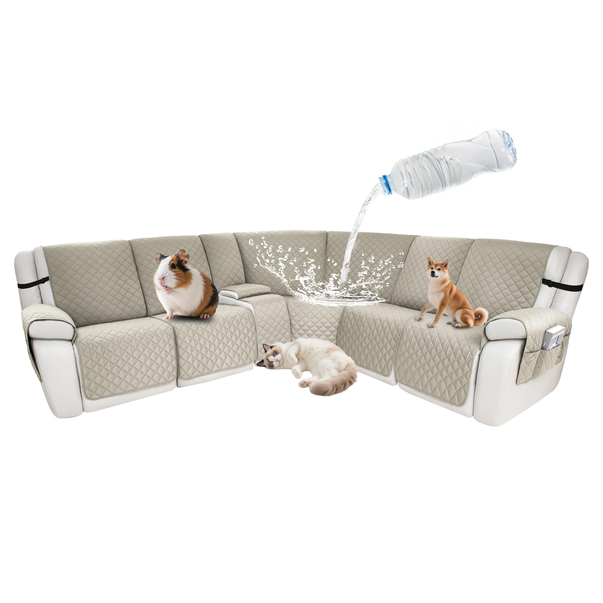 Waterproof Sectional Reclining Couch Covers L Shaped Recliner Sectional Sofa Cover 8 Piece Non Slip Washable Corner Recliner Slipcover Set for Pet Dog (5 Seater 1 Console Cover, Stone)