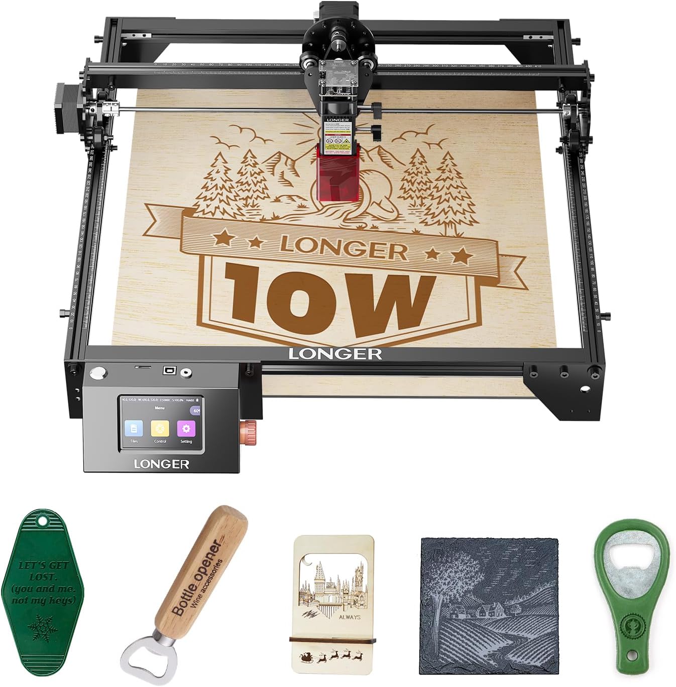 LONGER RAY5 Laser Engraver, Fully Upgraded with 10W Output, a 3.5-inch Color Touchscreen, and app-Based Offline Control; Ideal for Engraving Metal, Glass, and Wood. Working Area: 400×400 mm.