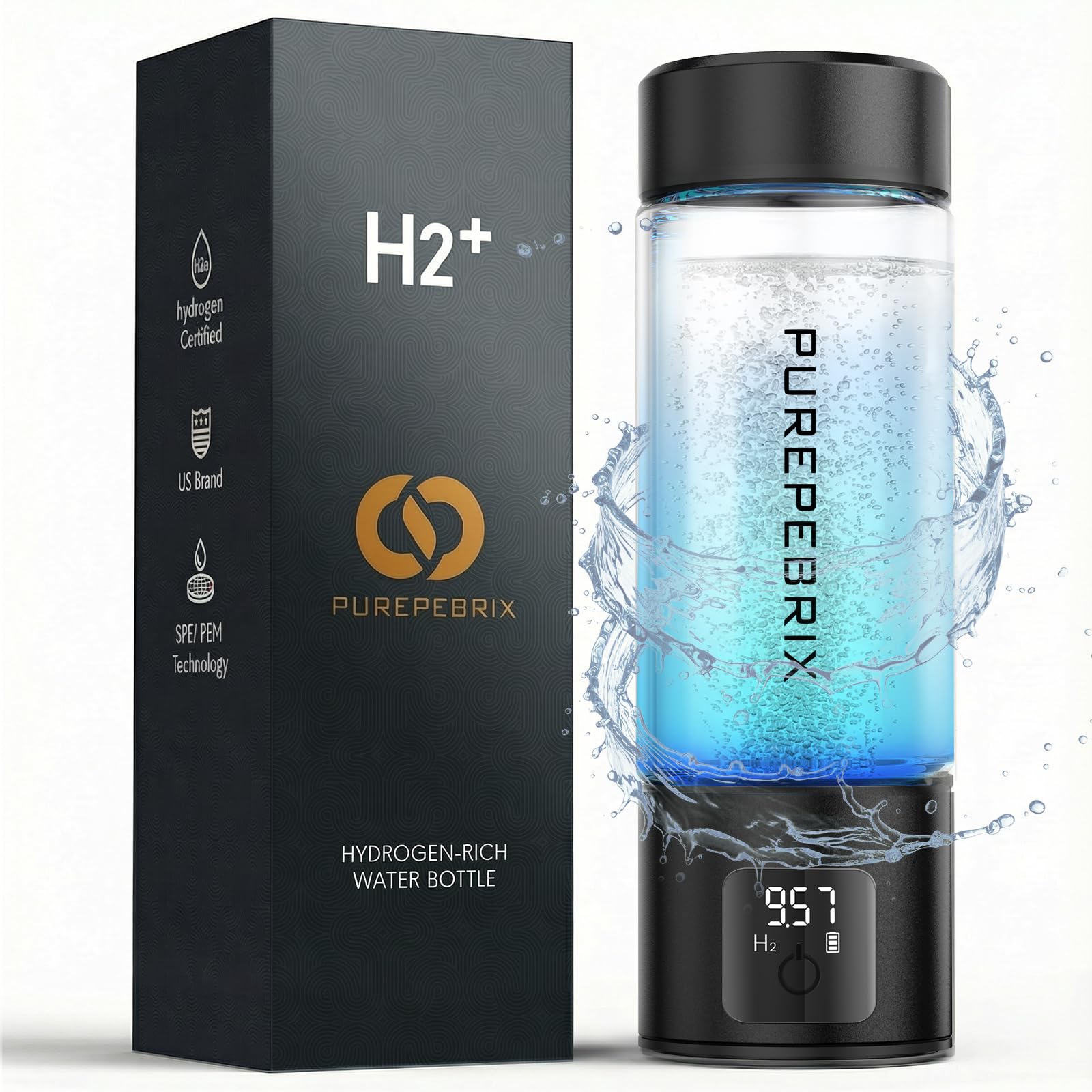 PUREPEBRIX Glass Hydrogen Water Bottle 14oz, Portable Hydrogen Water Bottle | Advanced SPE/PEM Hydrogen Water Bottle Generator for Fitness, Travel, Office & Healthy Hydration
