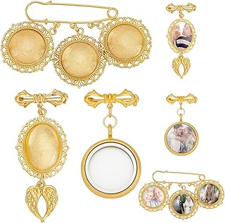 WADORN Wedding Bouquet Photo Charm, DIY Pin Brooch Making Kit Memory Locket Pendant Bridal Charm Oval Round Glass Cabochons Picture Frame with Pendant for DIY Brooch Jewelry Making Memory Gift