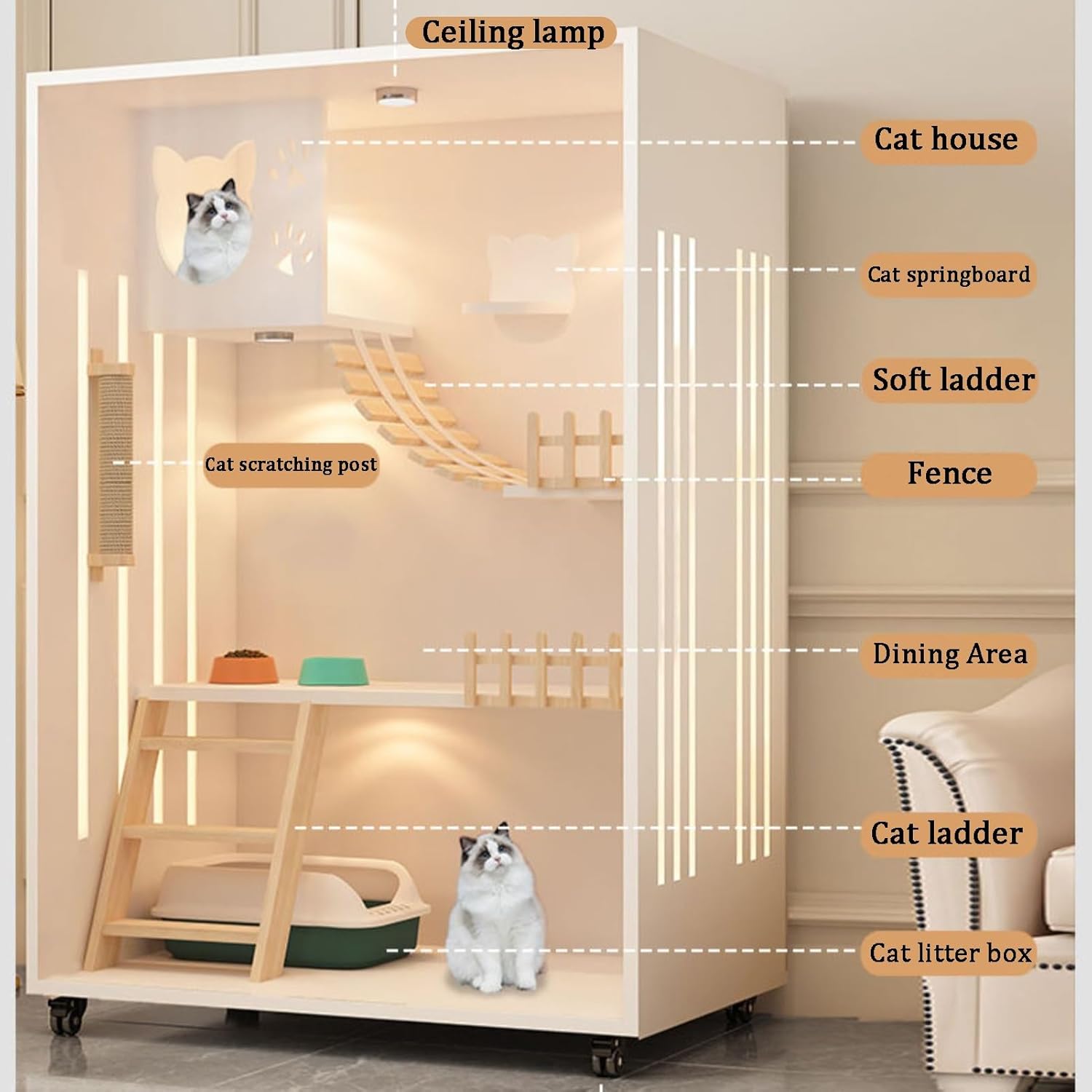 Cat Cage, Solid wood small animal Cat Playpen, Assembled Cat Enclosures, Mesh door design and solid wooden fence, Breathable and Moisture-proof(White,35.4x47.2/90x120cm)