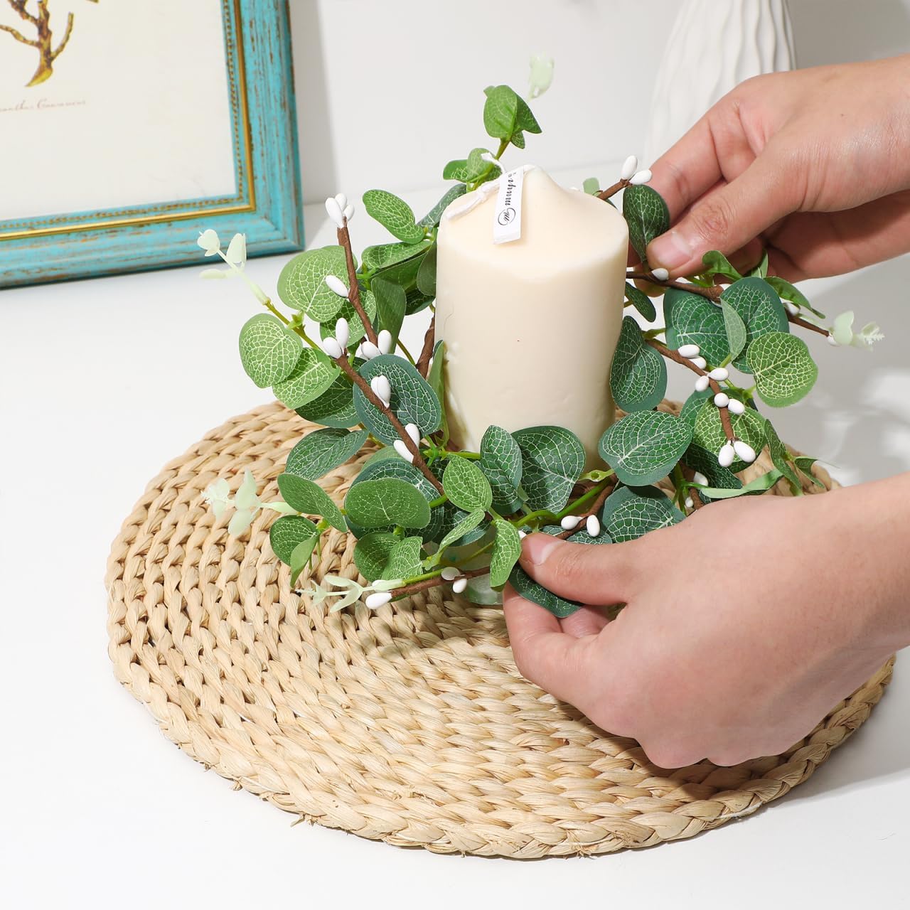 HOMSFOU Small Eucalyptus Candle Rings Set of 4 Simulated Greenery Wreaths for Pillar Candle Holders Home Party Wedding Table Decor
