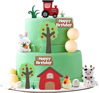 15PCS Farm Animal Cake Decorations – Barn Tractor Cow Rabbit Chicken Egg PVC Cake Toppers with Grass & Trees, Farm Theme Birthday Party Supplies for Kids, Farm Barnyard Cake Topper Set