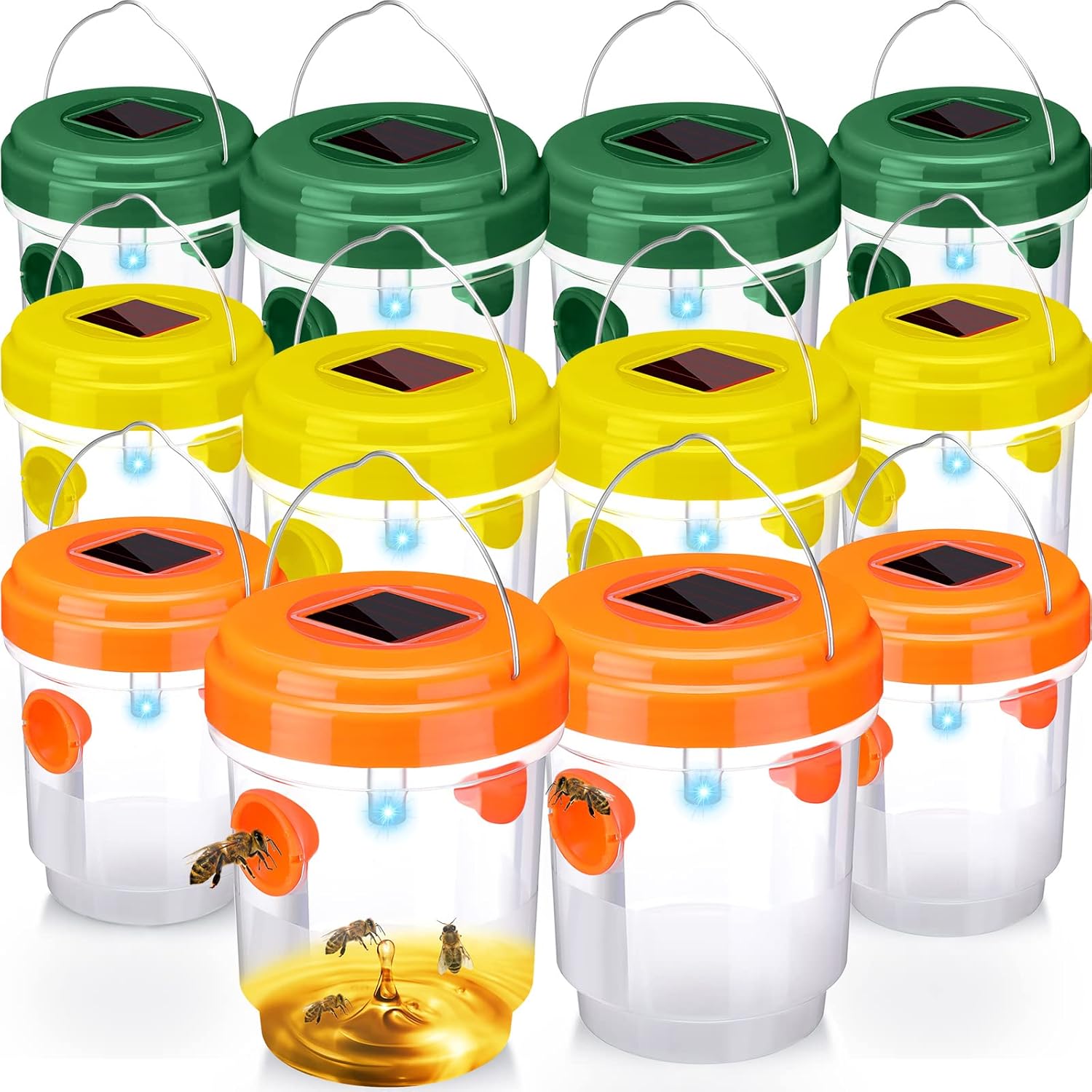 12 Packs 6 Pack Wasp Trap Solar Powered Bee Trap Reusable Fly Traps Outdoor Hanging Wasp Killer with UV LED Light Flying Insects Bee Killer for Indoor Outside Patio Garden Home (Orange,Green,Yellow)