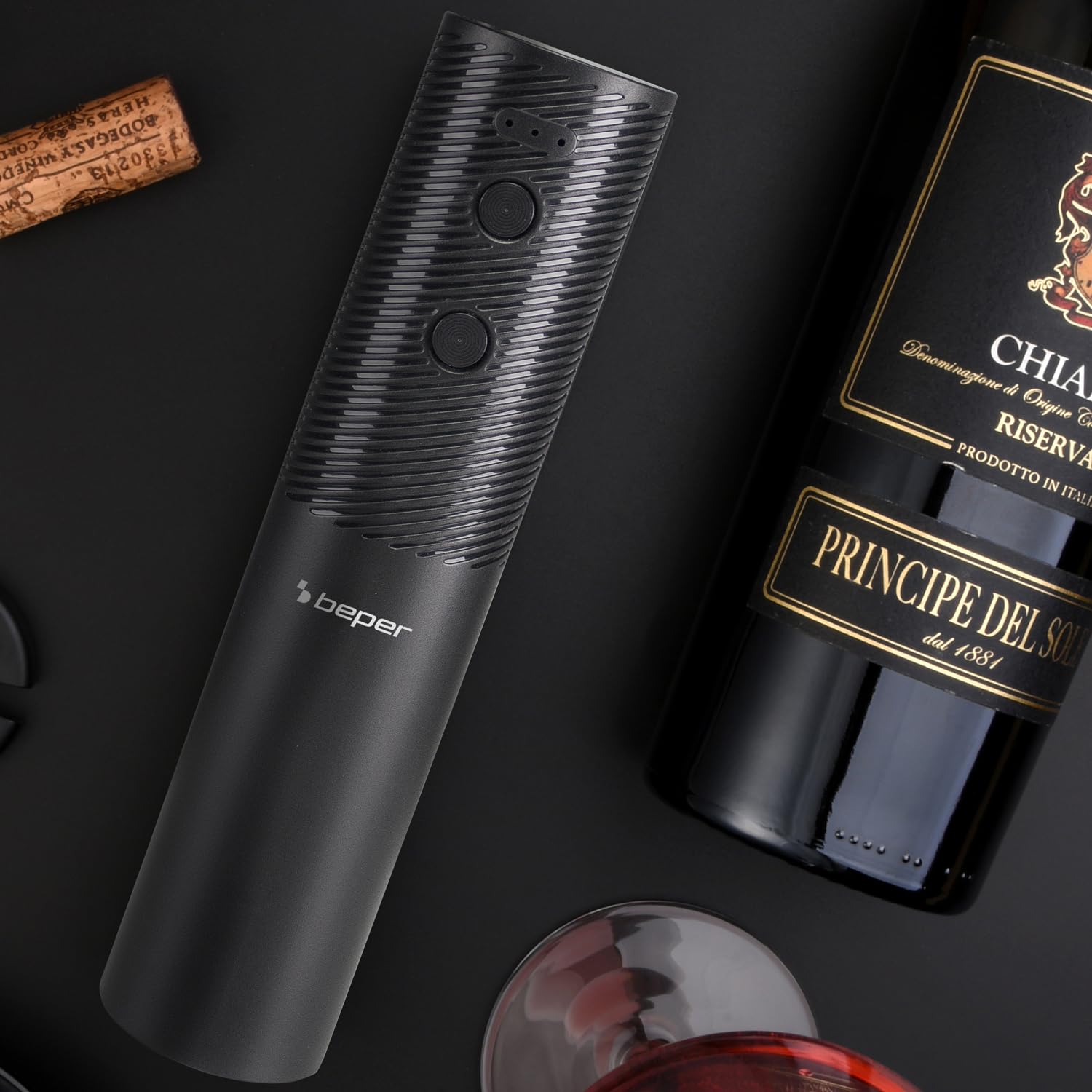BEPER P102ACP103 Sacacorchos Eléctrico Recargable por USB, Abrebotellas de Vino, con Cortador de Láminas, para Corchos y Corchos Sintéticos