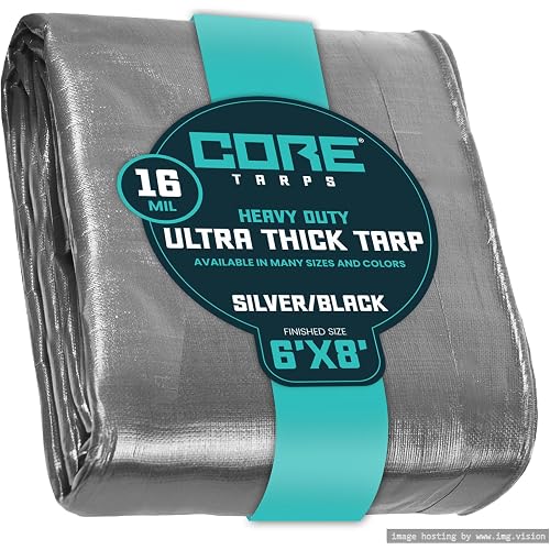 Core Tarps Extra Heavy Duty 16 Mil Tarp Cover, Waterproof, UV Resistant, Rip and Tear Proof, Poly Tarpaulin with Reinforced Edges for Roof, Patio, Pool, Boat (Silver/Black 6′ X 8′)