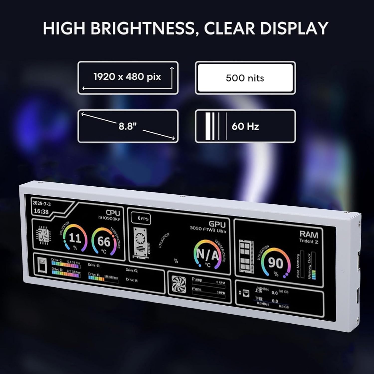 8.8 Inch PC Temperature Display, Full HD 1920x480 Secondary Screen with USB C Port, Support Ras Pi, for CPU GPU Monitoring System Diagnostics