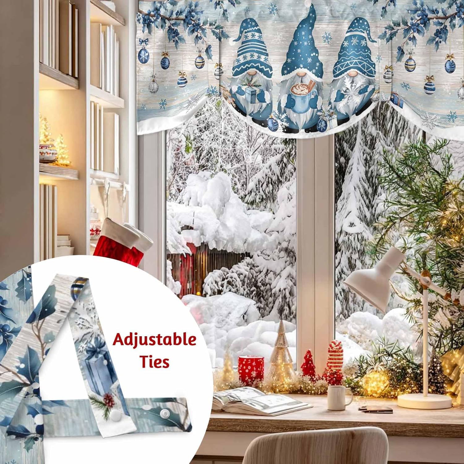 Blue Christmas Gnomes Tie Up Valances for Windows, Winter Xmas Ball Branches Adjustable Valance Curtain for Living Room, Blue Grey Wooden Rod Pocket Kitchen Curtains 1 Panel 60 x 18 in