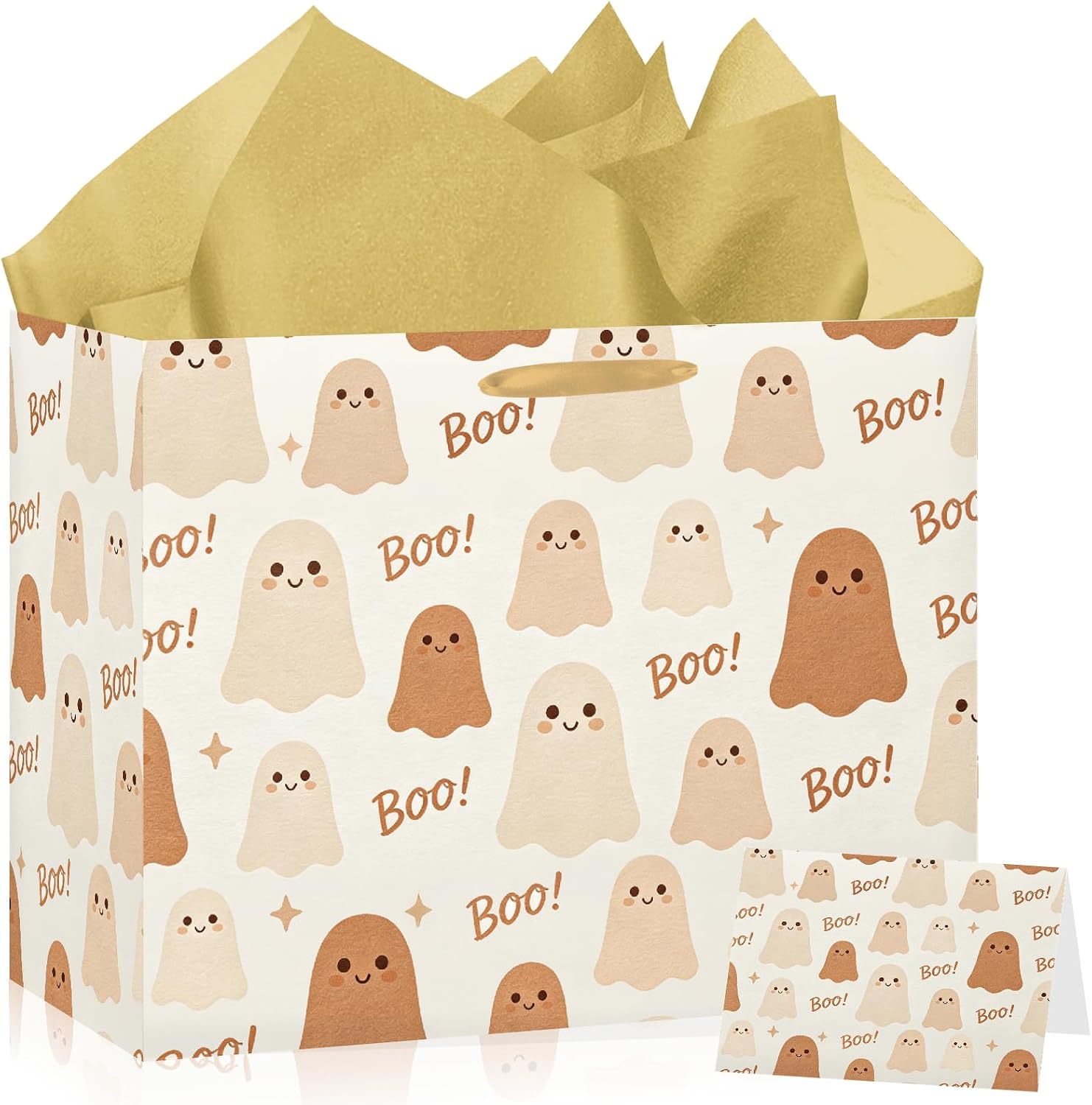 Cute Halloween Ghost Gift Bag Large Boho Boo Wrapping Paper Bags with Tissue Paper and Greeting Card Neutral Gold Spooky Pastel Party Favor Bag for Kids Halloween Birthday Trick or treat