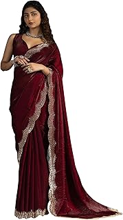SAREE MALL Women's Satin Silk Beads &amp; Stones Saree With Unstitched Blouse Piece
