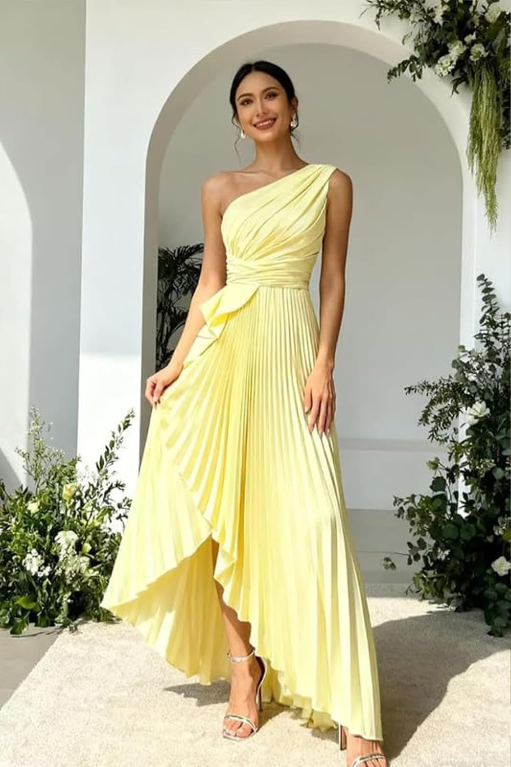 One Shoulder Bridesmaid Dresses with Slit Pleated Satin Hi-Low Prom Dress Long Formal Evening Gown for Women