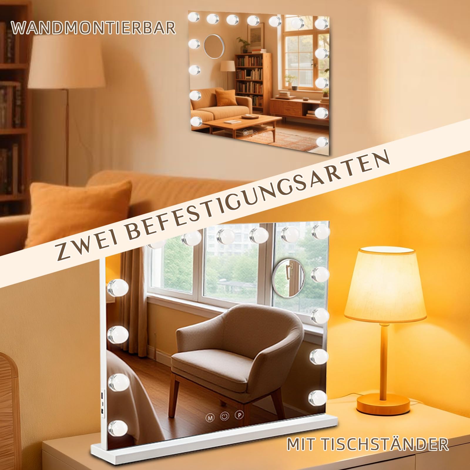 Hollywood Spiegel Schminkspiegel mit Beleuchtung, Kosmetikspiegel 58 x 46 cm, 15 LED Mirror Super HD für Make-up, 3 Lichtfarben Dimmbar Touch Control, USB, inkl. 10-Fach Vergrößerungsspiegel