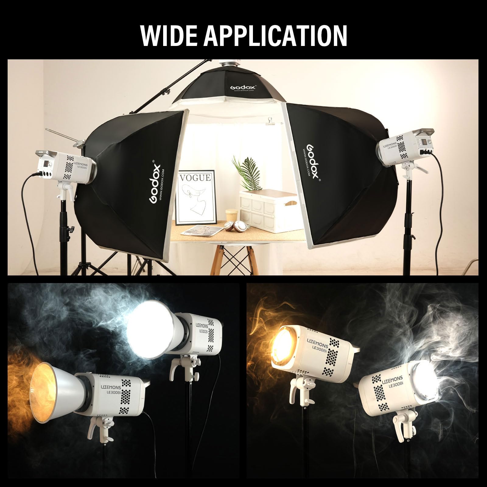 GODOX Zestaw oświetleniowy LE300Bi, Godox Litemons LE300Bi lampa wideo ze stojakiem Softbox, uchwytem Bowens, sterowanie aplikacją DMX/Bluetooth, połączenie NFC, 2800K ~ 6500K, 58900Lux@1m, CRI/TLCI98
